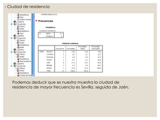 - Ciudad de residencia
Podemos deducir que es nuestra muestra la ciudad de
residencia de mayor frecuencia es Sevilla, seguida de Jaén.
 