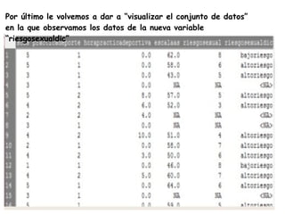 Por último le volvemos a dar a “visualizar el conjunto de datos”
en la que observamos los datos de la nueva variable
“riesgosexualdic”
 