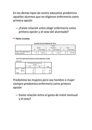 En los demás tipos de centro educativo predomina
aquellos alumnos que no eligieron enfermería como
primera opción
– ¿Existe relación entre elegir enfermería como
primera opción y el sexo del alumnado?
Predomina las mujeres pero sea hombre o mujer
siempre predomina enfermería como primera
opción
– Existe relación entre el gasto de móvil mensual
y el sexo?
 
