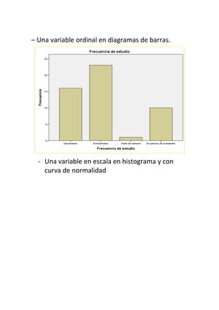 – Una variable ordinal en diagramas de barras.
- Una variable en escala en histograma y con
curva de normalidad
 