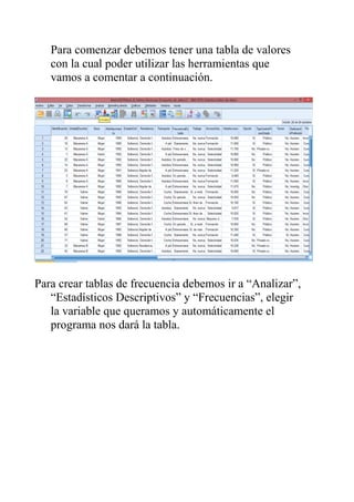 Para comenzar debemos tener una tabla de valores
con la cual poder utilizar las herramientas que
vamos a comentar a continuación.
Para crear tablas de frecuencia debemos ir a “Analizar”,
“Estadísticos Descriptivos” y “Frecuencias”, elegir
la variable que queramos y automáticamente el
programa nos dará la tabla.
 
