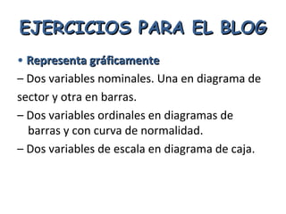 EJERCICIOS PARA EL BLOG
• Representa gráficamente
– Dos variables nominales. Una en diagrama de
sector y otra en barras.
– Dos variables ordinales en diagramas de
  barras y con curva de normalidad.
– Dos variables de escala en diagrama de caja.
 