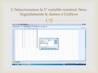 
2. Seleccionamos la 1ª variable nominal: Sexo.
Seguidamente le damos a Gráficos
 