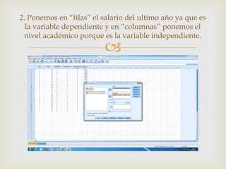 
2. Ponemos en “filas” el salario del ultimo año ya que es
la variable dependiente y en “columnas” ponemos el
nivel académico porque es la variable independiente.
 