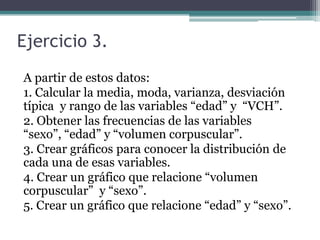 Ejercicio 3.
A partir de estos datos:
1. Calcular la media, moda, varianza, desviación
típica y rango de las variables “edad” y “VCH”.
2. Obtener las frecuencias de las variables
“sexo”, “edad” y “volumen corpuscular”.
3. Crear gráficos para conocer la distribución de
cada una de esas variables.
4. Crear un gráfico que relacione “volumen
corpuscular” y “sexo”.
5. Crear un gráfico que relacione “edad” y “sexo”.
 