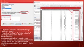 Lo significa “lowest”, “el valor más bajo”
: significa “hasta”
hi significa “highest”, “ el valor más alto”
Las etiquetas de valor deben
entrecomillarse.
Una vez completado el recuadro, nos
volverá aparecer una nueva columna llamada
“riesgo sexual dic” con las2 variables
dicotómicas asignadas: “alto riesgo” y “bajo
riesgo”.
 