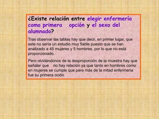 ¿Existe relación entre elegir enfermería
como primera opción y el sexo del
alumnado?
Tras observar las tablas hay que decir, en primer lugar, que
este no sería un estudio muy fiable puesto que se han
analizado a 45 mujeres y 5 hombres, por lo que no está
proporcionado.
Pero olvidándonos de la desproporción de la muestra hay que
señalar que no hay relación ya que tanto en hombres como
en mujeres se cumple que para más de la mitad enfermería
fue su primera oción
 