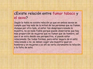 ¿Existe relación entre fumar tabaco y
el sexo?
Según la tabla no existe relación ya que en ambos sexos se
cumple que hay más de la mitad de las personas que no fuman.
Aunque por otro lado, al estar tan desproporcionada la
muestra, no es nada fiable porque puede observarse que hay
más proporción de mujeres que no fuman que de hombre, así
que si se mira desde esa perspectiva, sí puede estar
relacionado. De todas formas, para estar seguro de si está
relacionado o no, se deben coger una muestra igual en
hombres y en mujeres y ya ahí se vería claramente la relación
o la falta de esta.
 
