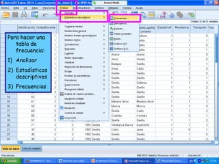 Para hacer una
tabla de
frecuencia:
1) Analizar
2) Estadísticos
descriptivos
3) Frecuencias
 