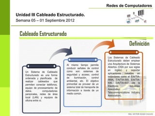 Redes de Computadores

Unidad III Cableado Estructurado.
Semana 05 – 01 Septiembre 2012


 Cableado Estructurado
                                              Definición
 