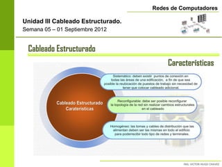 Redes de Computadores

Unidad III Cableado Estructurado.
Semana 05 – 01 Septiembre 2012


 Cableado Estructurado
                                         Características
 