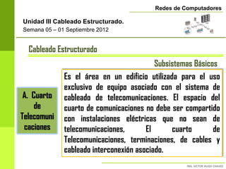 Redes de Computadores

Unidad III Cableado Estructurado.
Semana 05 – 01 Septiembre 2012


  Cableado Estructurado
                                           Subsistemas Básicos
              Es el área en un edificio utilizada para el uso
              exclusivo de equipo asociado con el sistema de
 A. Cuarto    cableado de telecomunicaciones. El espacio del
     de       cuarto de comunicaciones no debe ser compartido
Telecomuni    con instalaciones eléctricas que no sean de
 caciones     telecomunicaciones,       El      cuarto       de
              Telecomunicaciones, terminaciones, de cables y
              cableado interconexión asociado.
 