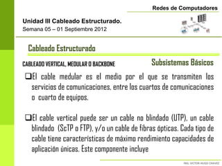Redes de Computadores

Unidad III Cableado Estructurado.
Semana 05 – 01 Septiembre 2012


  Cableado Estructurado
CABLEADO VERTICAL, MEDULAR O BACKBONE        Subsistemas Básicos
El cable medular es el medio por el que se transmiten los
 servicios de comunicaciones, entre los cuartos de comunicaciones
 o cuarto de equipos.

El cable vertical puede ser un cable no blindado (UTP), un cable
 blindado (ScTP o FTP), y/o un cable de fibras ópticas. Cada tipo de
 cable tiene características de máximo rendimiento capacidades de
 aplicación únicas. Este componente incluye
 