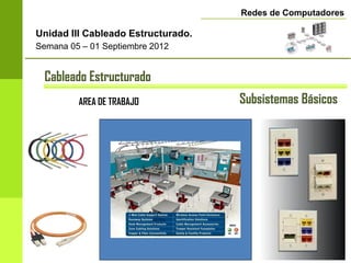 Redes de Computadores

Unidad III Cableado Estructurado.
Semana 05 – 01 Septiembre 2012


 Cableado Estructurado
         AREA DE TRABAJO            Subsistemas Básicos
 