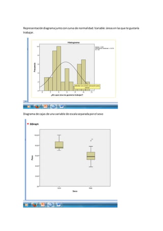 Representacióndiagramajuntoconcurva de normalidad.Variable:áreasenlasque te gustaría
trabajar.
Diagrama de cajas de una variable de escalaseparadaporel sexo
 