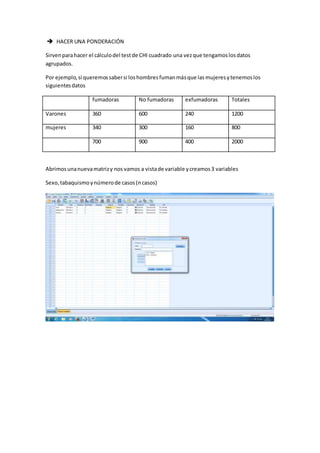  HACER UNA PONDERACIÓN
Sirvenparahacer el cálculodel testde CHI cuadrado una vezque tengamoslosdatos
agrupados.
Por ejemplo,si queremossabersi loshombresfumanmásque las mujeresytenemoslos
siguientesdatos
fumadoras No fumadoras exfumadoras Totales
Varones 360 600 240 1200
mujeres 340 300 160 800
700 900 400 2000
Abrimosunanuevamatrizy nos vamos a vistade variable ycreamos3 variables
Sexo,tabaquismoynúmerode casos(ncasos)
 