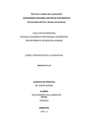 “Año de la unidad, paz y desarrollo”
UNIVERSIDAD NACIONAL MAYOR DE SAN MARCOS
(Universidad del Perú, Decana de América)
FACULTAD DE MEDICINA
ESCUELA ACADÉMICO PROFESIONAL DE MEDICINA
DEPARTAMENTO DE MEDICINA HUMANA
CURSO: INTRODUCCION A LA PSIQUIATRIA
Seminario 5 y 6
DOCENTE DE PRÁCTICA
DR. MARTIN NIZAMA
ALUMNO
RUIZ PEÑARES PAUL SEBASTIAN
FECHA
09/09/2023
SEMESTRE
2023 - II
 