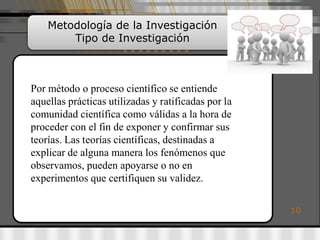 Metodología de la Investigación
        Tipo de Investigación



Por método o proceso científico se entiende
aquellas prácticas utilizadas y ratificadas por la
comunidad científica como válidas a la hora de
proceder con el fin de exponer y confirmar sus
teorías. Las teorías científicas, destinadas a
explicar de alguna manera los fenómenos que
observamos, pueden apoyarse o no en
experimentos que certifiquen su validez.

                                                     10
 