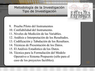 Metodología de la Investigación
        Tipo de Investigación



9. Prueba Piloto del Instrumentos
10. Confiabilidad del Instrumento.
11. Niveles de Medición de las Variables.
12. Análisis e Interpretación de los Resultados.
13. Codificación y Tabulación de los Resultaos.
14. Técnicas de Presentación de los Datos.
15. El Análisis Estadístico de los Datos.
16. Técnica para la Formulación del Modelo
    Operativo o Sistema Propuesto (sólo para el
    caso de los proyectos factibles).
                                                   13
 