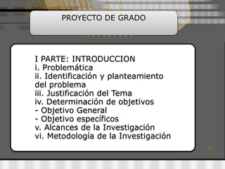 PROYECTO DE GRADO




I PARTE: INTRODUCCION
i. Problemática
ii. Identificación y planteamiento
del problema
iii. Justificación del Tema
iv. Determinación de objetivos
- Objetivo General
- Objetivo específicos
v. Alcances de la Investigación
vi. Metodología de la Investigación
                                      5
 