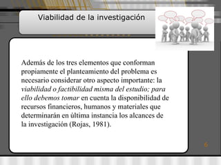 Viabilidad de la investigación




Además de los tres elementos que conforman
propiamente el planteamiento del problema es
necesario considerar otro aspecto importante: la
viabilidad o factibilidad misma del estudio; para
ello debemos tomar en cuenta la disponibilidad de
recursos financieros, humanos y materiales que
determinarán en última instancia los alcances de
la investigación (Rojas, 1981).

                                                    6
 