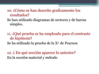 10. ¿Cómo se han descrito graficamente los
 resultados?
Se han utilizado diagramas de sectores y de barras
 simples.

11. ¿Qué prueba se ha empleado para el contraste
  de hipótesis?
Se ha utilizado la prueba de la X2 de Pearson

12. ¿ En qué sección aparece lo anterior?
En la sección material y método
 