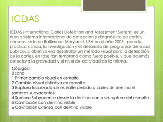 ICDAS
ICDAS (International Caries Detection and Assessment System) es un
nuevo sistema internacional de detección y diagnóstico de caries,
consensuado en Baltimore, Maryland. USA en el año 2005, para la
práctica clínica, la investigación y el desarrollo de programas de salud
pública. El objetivo era desarrollar un método visual para la detección
de la caries, en fase tan temprana como fuera posible, y que además
detectara la gravedad y el nivel de actividad de la misma.
Códigos:
0 sano
1 Primer cambio visual en esmalte
2 Cambio Visual distintivo en esmalte
3 Ruptura localizada de esmalte debido a caries sin dentina ni
sombras subyacentes
4 Sombra Subyacente desde la dentina con o sin ruptura del esmalte
5 Cavitación con dentina visible
6 Cavitación Extensa con dentina visible
 
