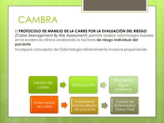 CAMBRA
El PROTOCOLO DE MANEJO DE LA CARIES POR LA EVALUACIÓN DEL RIESGO
(Caries Management By Risk Assessment) permite realizar odontología basada
en la evidencia clínica analizando lo factores de riesgo individual del
paciente
Incorpora conceptos de Odontología Mínimamente Invasiva proponiendo
Lesión de
caries
Obturación
Paciente
sigue
enfermo
Enfermedad
de caries
Tratamiento
individualizado
del paciente
Control de
Enfermedad
(Salud Oral)
 