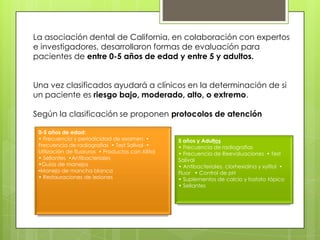 La asociación dental de California, en colaboración con expertos
e investigadores, desarrollaron formas de evaluación para
pacientes de entre 0-5 años de edad y entre 5 y adultos.
Una vez clasificados ayudará a clínicos en la determinación de si
un paciente es riesgo bajo, moderado, alto, o extremo.
Según la clasificación se proponen protocolos de atención
0-5 años de edad:
• Frecuencia y periodicidad de examen •
Frecuencia de radiografías • Test Salival •
Utilización de fluoruros • Productos con Xilitol
• Sellantes •Antibacteriales
•Guías de manejos
•Manejo de mancha blanca
• Restauraciones de lesiones  
5 años y Adultos
• Frecuencia de radiografias
• Frecuencia de Reevaluaciones • Test
Salival
• Antibacteriales, clorhexidina y xylitol •
Fluor  • Control de pH
• Suplementos de calcio y fosfato tópico
• Sellantes 
 