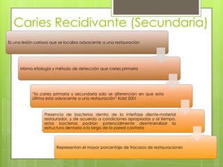 Caries Recidivante (Secundaria)
Es una lesión cariosa que se localiza adyacente a una restauración
Misma etiología y método de detección que caries primaria
“la caries primaria y secundaria solo se diferencian en que esta
última esta adyacente a una restauración” Kidd 2001
Presencia de bacterias dentro de la interfase diente-material
restaurador, y de acuerdo a condiciones apropiadas y al tiempo,
estas bacterias podrían potencialmente desmineralizar la
estructura dentaria a lo largo de la pared cavitaria
Representan el mayor porcentaje de fracasos de restauraciones
 