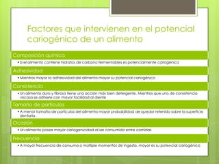 Factores que intervienen en el potencial
cariogénico de un alimento
Composición química
•Si el alimento contiene hidratos de carbono fermentables es potencialmente cariogénico
Adhesividad
•Mientras mayor la adhesividad del alimento mayor su potencial cariogénico
Consistencia
•Un alimento duro y fibroso tiene una acción más bien detergente. Mientras que uno de consistencia
viscosa se adhiere con mayor facilidad al diente
Tamaño de partículas
•A menor tamaño de partículas del alimento mayor probabilidad de quedar retenido sobre la superficie
dentaria
Ocasión
•Un alimento posee mayor cariogenicidad al ser consumido entre comidas
Frecuencia
•A mayor frecuencia de consumo o múltiple momentos de ingesta, mayor es su potencial cariogénico
 