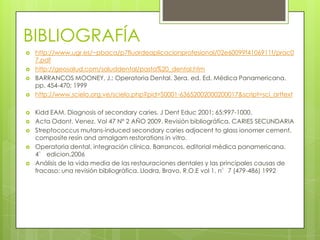 BIBLIOGRAFÍA
 http://www.ugr.es/~pbaca/p7fluordeaplicacionprofesional/02e60099f4106911f/prac0
7.pdf
 http://geosalud.com/saluddental/pasta%20_dental.htm
 BARRANCOS MOONEY, J.: Operatoria Dental. 3era. ed. Ed. Médica Panamericana.
pp. 454-470; 1999
 http://www.scielo.org.ve/scielo.php?pid=S0001-63652002000200017&script=sci_arttext
 Kidd EAM. Diagnosis of secondary caries. J Dent Educ 2001; 65:997-1000.
 Acta Odont. Venez. Vol 47 Nº 2 AÑO 2009. Revisión bibliográfica. CARIES SECUNDARIA
 Streptococcus mutans-induced secondary caries adjacent to glass ionomer cement,
composite resin and amalgam restorations in vitro.
 Operatoria dental, integración clínica. Barrancos, editorial médica panamericana,
4° edicion,2006
 Análisis de la vida media de las restauraciones dentales y las principales causas de
fracaso: una revisión bibliográfica. Llodra, Bravo. R.O.E vol 1, n°7 (479-486) 1992
 