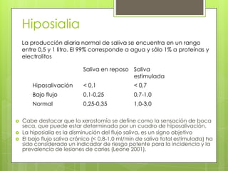 Hiposialia
 Cabe destacar que la xerostomía se define como la sensación de boca
seca, que puede estar determinada por un cuadro de hiposalivación.
 La hiposialia es la disminución del flujo saliva, es un signo objetivo
 El bajo flujo saliva crónico (< 0,8-1,0 ml/min de saliva total estimulada) ha
sido considerado un indicador de riesgo potente para la incidencia y la
prevalencia de lesiones de caries (Leone 2001).
Saliva en reposo Saliva
estimulada
Hiposalivación < 0,1 < 0,7
Bajo flujo 0,1-0,25 0,7-1,0
Normal 0,25-0,35 1,0-3,0
La producción diaria normal de saliva se encuentra en un rango
entre 0,5 y 1 litro. El 99% corresponde a agua y sólo 1% a proteínas y
electrolitos
 