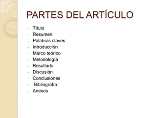 PARTES DEL ARTÍCULO
- Título
- Resumen
- Palabras claves
- Introducción
- Marco teórico
- Metodología
- Resultado
- Discusión
- Conclusiones
- Bibliografía
- Anexos
 