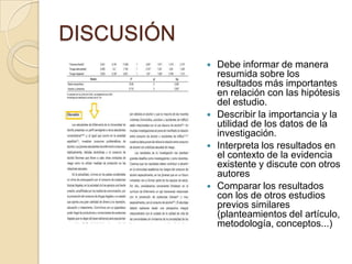DISCUSIÓN
 Debe informar de manera
resumida sobre los
resultados más importantes
en relación con las hipótesis
del estudio.
 Describir la importancia y la
utilidad de los datos de la
investigación.
 Interpreta los resultados en
el contexto de la evidencia
existente y discute con otros
autores
 Comparar los resultados
con los de otros estudios
previos similares
(planteamientos del artículo,
metodología, conceptos...)
 