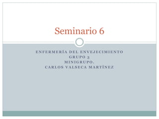 Seminario 6 
ENFERMERÍA DEL ENVEJECIMIENTO 
GRUPO 3 
MINIGRUPO. 
CARLOS VALSECA MARTÍNEZ 
 