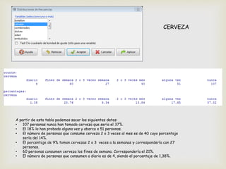 CERVEZA
A partir de esta tabla podemos sacar los siguientes datos:
• 107 personas nunca han tomado cerveza que sería el 37%.
• El 18% lo han probado alguna vez y abarca a 51 personas.
• El número de personas que consume cerveza 2 o 3 veces al mes es de 40 cuyo porcentaje
sería del 14%.
• El porcentaje de 9% toman cervezas 2 o 3 veces a la semanas y correspondería con 27
personas.
• 60 personas consumen cerveza los fines de semana. Correspondería el 21%.
• El número de personas que consumen a diario es de 4, siendo el porcentaje de 1,38%.
 