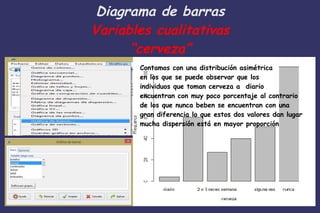 Diagrama de barras
Variables cualitativas
“cerveza”
Contamos con una distribución asimétrica
en los que se puede observar que los
individuos que toman cerveza a diario
encuentran con muy poco porcentaje al contrario
de los que nunca beben se encuentran con una
gran diferencia lo que estos dos valores dan lugar
mucha dispersión está en mayor proporción
 