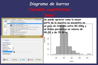 Diagrama de barras
Variable cuantitativa
“peso”
Se puede apreciar como la mayor
parte de la muestra se encuentra en
un peso de intervalo entre 50-60kg y
un mismo porcentaje en valores de
40-50 y de 70-80kg.
 