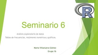 Seminario 6
Análisis exploratorio de datos
Tablas de frecuencias, resúmenes numéricos y gráficos.
Marta Villanueva Gómez
Grupo 16
 