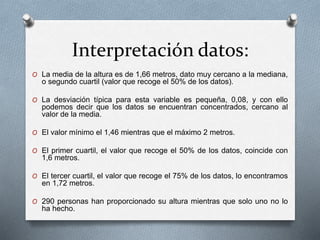 Interpretación datos:
O La media de la altura es de 1,66 metros, dato muy cercano a la mediana,
o segundo cuartil (valor que recoge el 50% de los datos).
O La desviación típica para esta variable es pequeña, 0,08, y con ello
podemos decir que los datos se encuentran concentrados, cercano al
valor de la media.
O El valor mínimo el 1,46 mientras que el máximo 2 metros.
O El primer cuartil, el valor que recoge el 50% de los datos, coincide con
1,6 metros.
O El tercer cuartil, el valor que recoge el 75% de los datos, lo encontramos
en 1,72 metros.
O 290 personas han proporcionado su altura mientras que solo uno no lo
ha hecho.
 