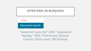 ESTRATEGIA DE BÚSQUEDA
"treatment outcome" AND "respiratory
therapy" AND ("Pulmonary Disease,
Chronic Obstructive" OR Asthma)
 