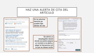 HAZ UNA ALERTA DE CITA DEL
ARTÍCULO
En la columna
derecha se
pueden fijar
alertas de cita
Se abrirá un
desplegable desde
donde se podrá asignar
un nombre a la alerta y
elegir la frecuencia con
la que se desea recibir
 