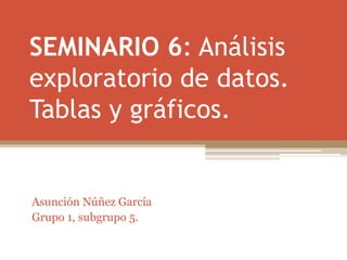 SEMINARIO 6: Análisis
exploratorio de datos.
Tablas y gráficos.
Asunción Núñez García
Grupo 1, subgrupo 5.
 