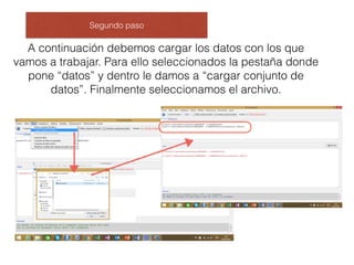 Segundo paso
A continuación debemos cargar los datos con los que
vamos a trabajar. Para ello seleccionados la pestaña donde
pone “datos” y dentro le damos a “cargar conjunto de
datos”. Finalmente seleccionamos el archivo.
 