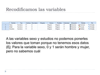 Recodificamos las variables
A las variables sexo y estudios no podemos ponerles
los valores que toman porque no tenemos esos datos
(Ej: Para la variable sexo, 0 y 1 serán hombre y mujer,
pero no sabemos cuál
 