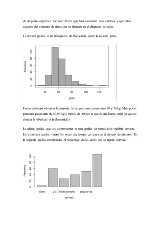 de un punto singifican que son valores que han alcanzado esos alumnos y que están
alejados del conjunto de datos que se abarcan en el diagrama de cajas.
La tercera grafica es un histograma de frecuencia sobre la variable peso.
Como podemos observar la mayoría de las personas pesan entre 60 y 70 kg. Muy pocas
personas pesan mas de 80/90 kg y menos de 40 por lo que es una buena señal ya que no
abunda la obesidad ni la desnutrición.
La ultima grafica que voy a representar es una grafica de barras de la variable cerveza.
En la primera grafica vemos las veces que toman cerveza con el numero de alumnos. En
la segunda grafica observamos el porcentaje de las veces que se ingiere cerveza.
 