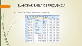 ELABORAR TABLA DE FRECUENCIA
 Analizar – Estadísticos descriptivos – frecuencias
 