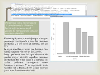 Para poder ver la frecuencia en
% cambiaremos la comanda
hecha anteriormente en el
gráfico de barras para la variable
cualitativa botellón
Vemos aquí ya en porcentajes que el mayor
porcentaje corresponde a aquellas personas
que fumas 2 o tres veces en semana, con un
30%.
Le sigue aquellas personas que fuman o han
fumado alguna vez con un 20% aprox.
Luego podemos concluir que debemos de
prestar mayor atención aquellas personas
que fuman dos o tres veces a la semana, las
cuales podemos catalogarlas como
fumadores sociales. Y lo importante sería
hacerles ver la facilidad con la que podrían
pasar a ser fumadores de diario.
 