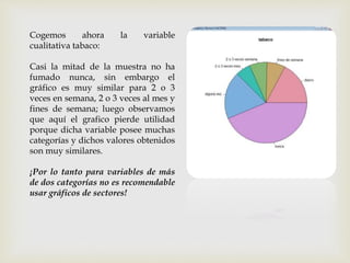 Cogemos ahora la variable
cualitativa tabaco:
Casi la mitad de la muestra no ha
fumado nunca, sin embargo el
gráfico es muy similar para 2 o 3
veces en semana, 2 o 3 veces al mes y
fines de semana; luego observamos
que aquí el grafico pierde utilidad
porque dicha variable posee muchas
categorías y dichos valores obtenidos
son muy similares.
¡Por lo tanto para variables de más
de dos categorías no es recomendable
usar gráficos de sectores!
 
